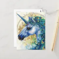 Blue Peacock Unicorn Postcard