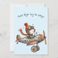 Hello Friendship Whimsical Kid Flying Plane Card