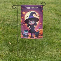 Cute little witch with cats and pumpkins, custom  garden flag