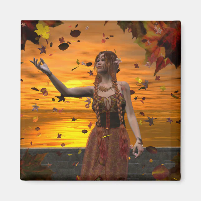 Elf in Falling Leaves Against an Autumn Sunset Magnet