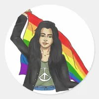 Woman in a Peace T-shirt With a Rainbow Flag LGBTQ Classic Round Sticker
