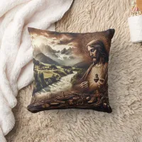 Jesus Overlooking a Serene Mountain Landscape Throw Pillow