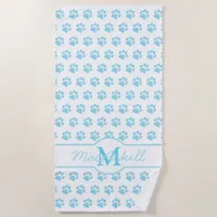 Paw Prints Glitter Blue White Monogram Cat Dog Mom Beach Towel