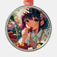 Cute Anime Girl Eating Strawberries   Metal Ornament