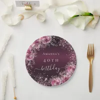 Burgundy pink floral name elegant birthday paper plates