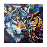 Wolf and Owl Vibrant and Colorful  Ceramic Tile