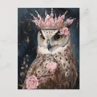 Painting of an owl with a crown and pink roses postcard
