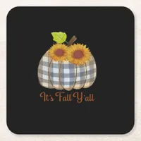It’s Fall Y’all Pumpkin Plaid Design Halloween Fun Square Paper Coaster
