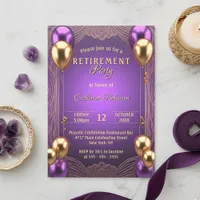 Chic Purple Gold Balloon Art Deco Retirement Party Invitation