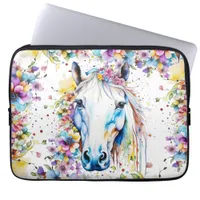 Pretty White Horse Floral Purple and Pink Laptop Sleeve