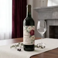 Watercolor Burgundy Cream Hydrangea Peony Wedding Wine Label