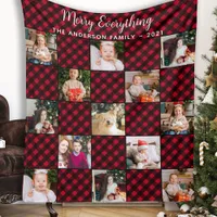 Plaid Patchwork 13 Photo Collage Family Christmas Fleece Blanket