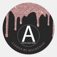 Black Rose Gold Glitter Drips Business Logo Classic Round Sticker