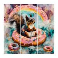 Squirrel on Floating Glazed Donut Funny Sweet Triptych