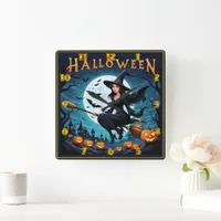 Witch soaring on Halloween night Square Wall Clock