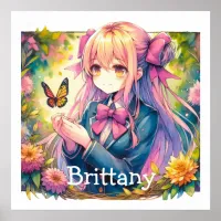 Anime Girl and Butterfly Watercolor Personalized Poster