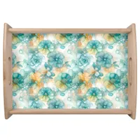 Teal Yellow Alcohol Ink Illustration Print Serving Tray