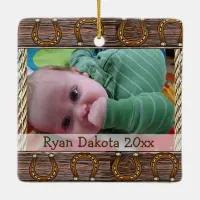 Baby's First Christmas Cowboy and Teddy Bear Photo Ceramic Ornament