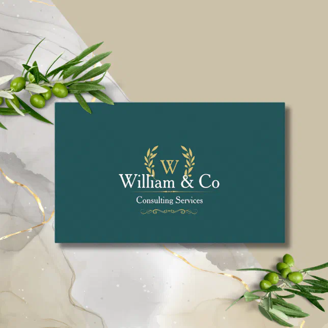 Classic Laurel Wreath Teal Gold Monogram Business Card