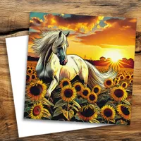 White Horse in Field of Sunflowers at Sunset