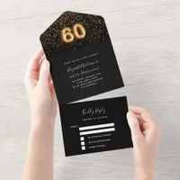 60th birthday black gold confetti rsvp all in one invitation