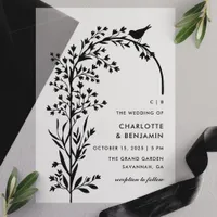 Modern Black Bird and Branch Wedding Vellum Invitations