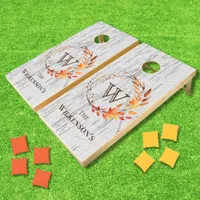 Rustic White Wash Wood Wreath Monogram Family Name Cornhole Set