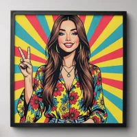 Retro Boomer Hippie Lady giving Peace Sign Peel And Stick Photo Tile