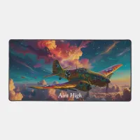 Fun Cute Plane in Colorful Clouds Desk Mat