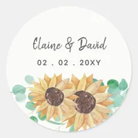 Rustic greenery eucalyptus sunflowers Wedding Classic Round Sticker