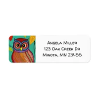 Quirky Colorful Folk Art Abstract Owl Label