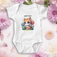 Cute  Orange Kitty Cat in Flowers Personalized Baby Bodysuit