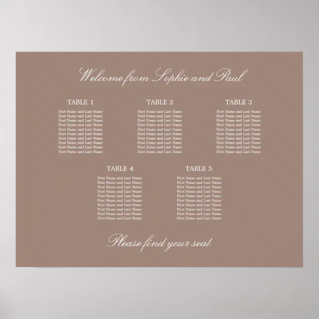 Taupe 5 Table Wedding Seating Chart Poster