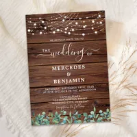 Rustic Wood String Lights Eucalyptus QR Wedding Invitation