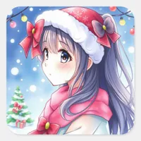 Festive Anime Girl Christmas Square Sticker