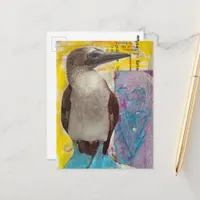 Blue Footed Bird mixed media collage Postcard