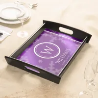 Festive Purple Foil Snowflakes Monogram Name Serving Tray