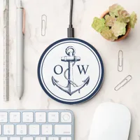 Nautical Monogram Anchor Navy White  Wireless Charger