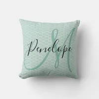 Modern Script Monogram Honeycomb Teal Throw Pillow