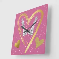 Gold Hearts King and Queen Chess Pieces on Plum | Square Wall Clock