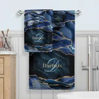 Modern Navy Blue Gold Agate Monogram Bath Towel Set