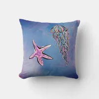 *~* Star Fish Jelly Fish Abstract Beach Watercolor Throw Pillow