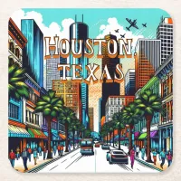 Houston, Texas Downtown City View Abstract Art Square Paper Coaster