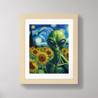 Alien in a Faux Van Gogh Sunflower Field Framed Art