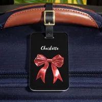 Black red bow name script luggage tag