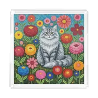 Fluffy Gray Striped Cat with Folk Art Flowers Acrylic Tray