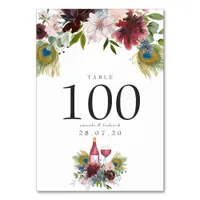 Burgundy and Navy Peacock Wine Themed Wedding Table Number