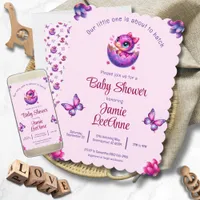 Hatching Soon Baby Pink Dinosaur Baby Shower Invitation