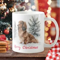 Long Haired Dachshund Dog in Snow Merry Christmas