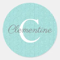 Girly Teal Aqua Blue Glitter Stripes Monogram Classic Round Sticker